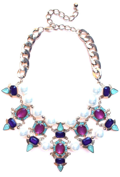 Luxe Chunky Pearl & Deco Jeweled Statement Necklace- Pink/Purple/Mint