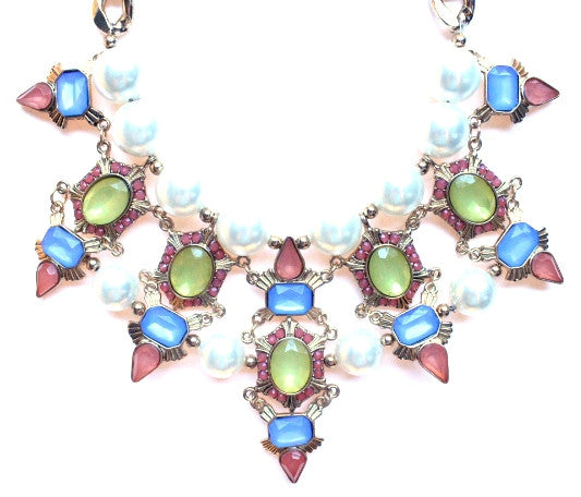Luxe Chunky Pearl & Deco Jeweled Statement Necklace- Yellow/Blue/Peach