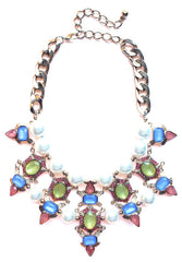 Luxe Chunky Pearl & Deco Jeweled Statement Necklace- Yellow/Blue/Peach