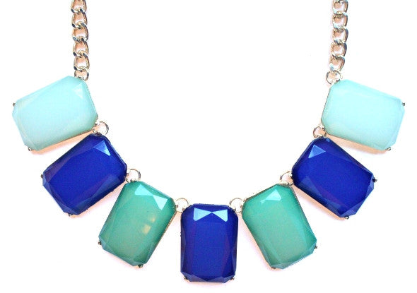 Colorblock Gemstone Jewels Statement Necklace- Blue
