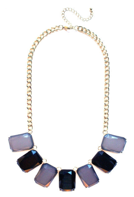 Colorblock Gemstone Jewels Statement Necklace- Grey & Black