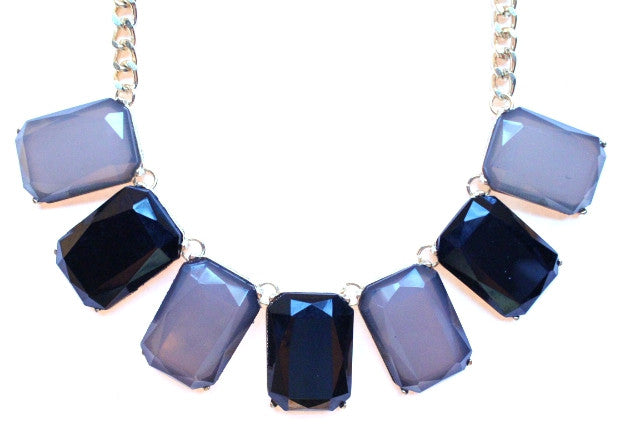 Colorblock Gemstone Jewels Statement Necklace- Grey & Black