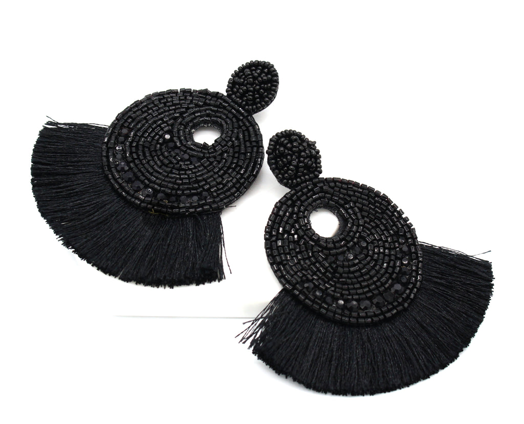 Josie Beaded Tassel Earrings- Black