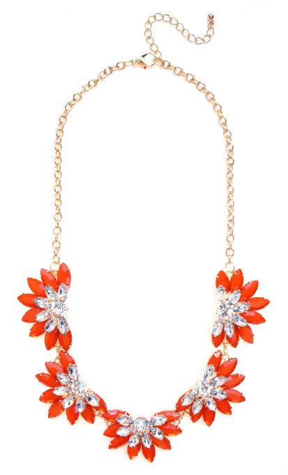 Designer Inspired Fan Crystal Statement Necklace- Orange