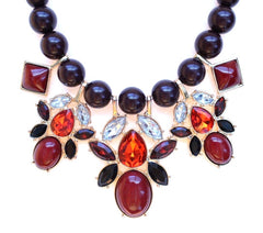 Beaded Mix Crystal Statement Necklace- Burgundy