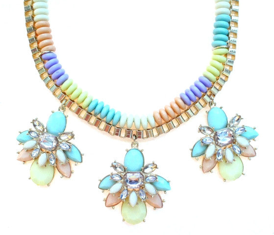 Beaded & Jeweled Triple Pendant Statement Necklace- Pastel