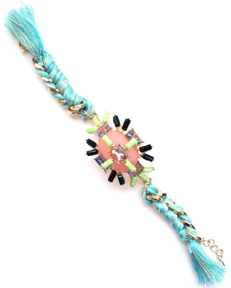 Jewel Threaded Chain Link Bracelet- Pink/Neon