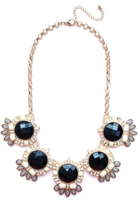 Jeweled Crystal Bloom Necklace- Black & Ivory