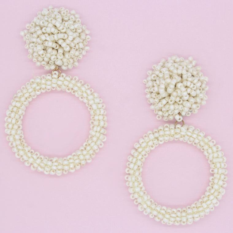 Jade Beaded Hoop Earrings- Ivory