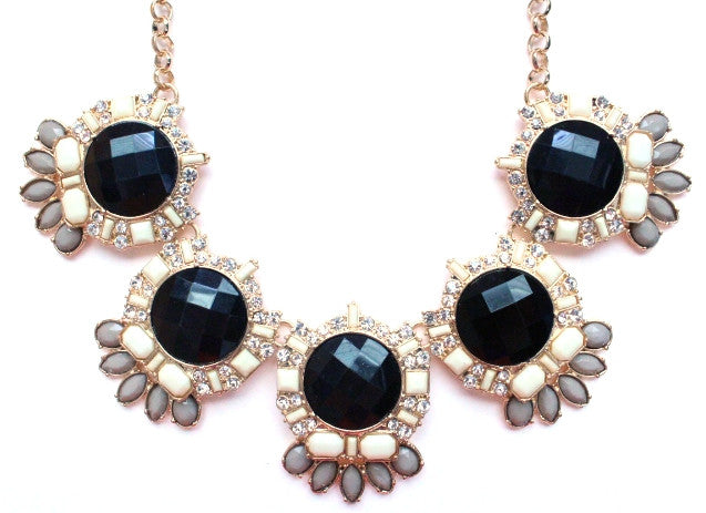 Jeweled Crystal Bloom Necklace- Black & Ivory
