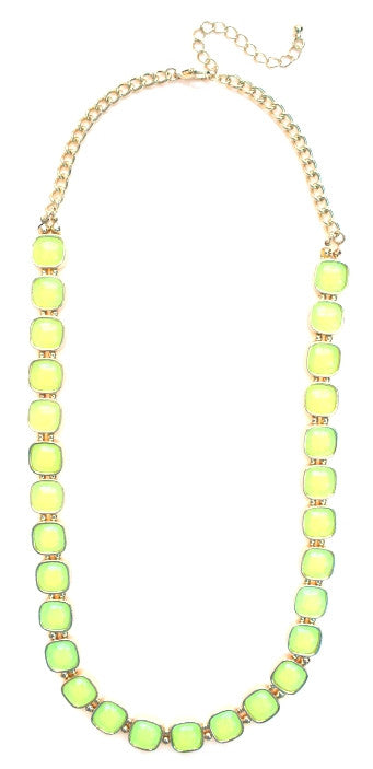 Square Neon Jeweled Chain Necklace- Neon Yellow