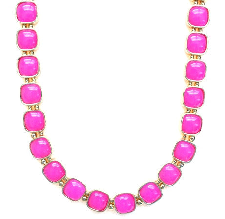 Square Neon Jeweled Chain Necklace- Hot Pink