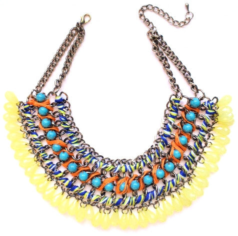 Layered Stone & Cord Chain Choker- Yellow