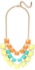 Layered Cube Jewels Bib Necklace- Orange/Turquoise/Yellow