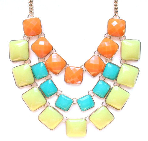 Layered Cube Jewels Bib Necklace- Orange/Turquoise/Yellow