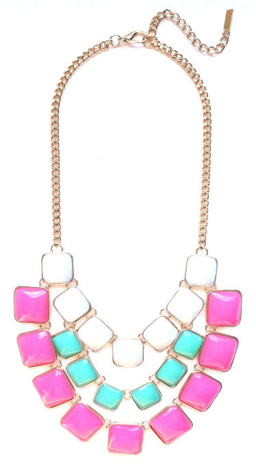 Layered Cube Jewels Bib Necklace- White/Mint/Pink