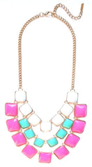Layered Cube Jewels Bib Necklace- White/Mint/Pink
