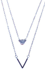 Crystal Circle & V Pendant Necklace- Silver