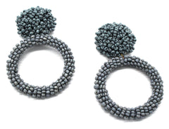 Jade Beaded Hoop Earrings- Grey