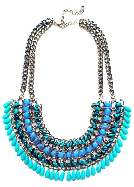 Layered Stone & Cord Chain Necklace- Aqua Teal