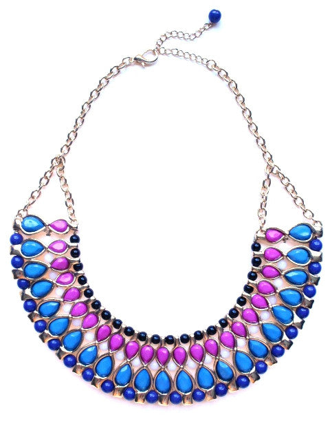 Beaded & Jeweled Collar Statement Necklace- Pink & Blue