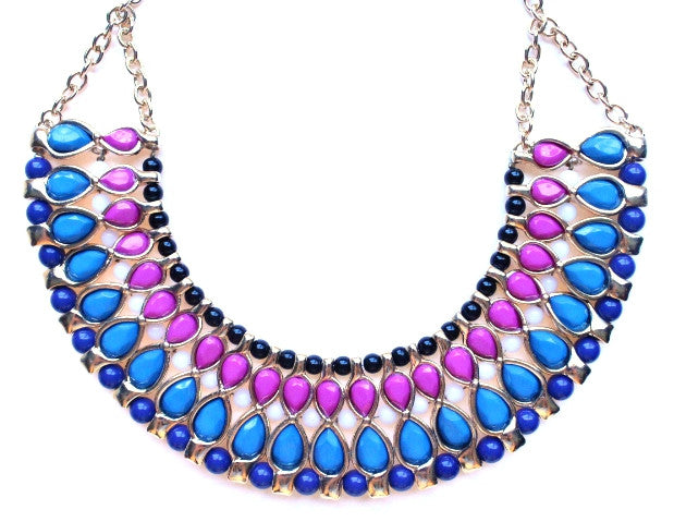 Beaded & Jeweled Collar Statement Necklace- Pink & Blue