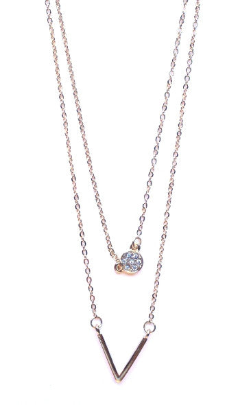 Crystal Circle & V Pendant Necklace- Gold