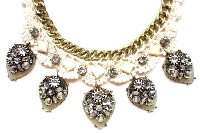 Crochet Chain & Stone Necklace- Ivory/Grey