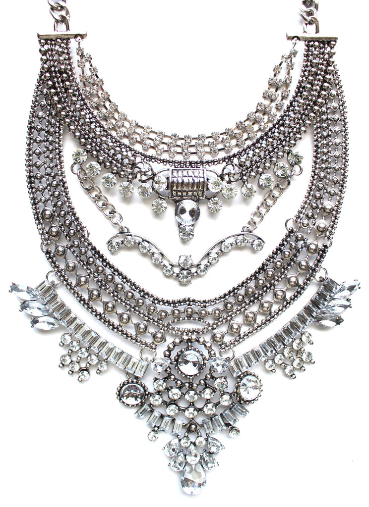 Regal Gypsy Crystal Bib Necklace- Silver