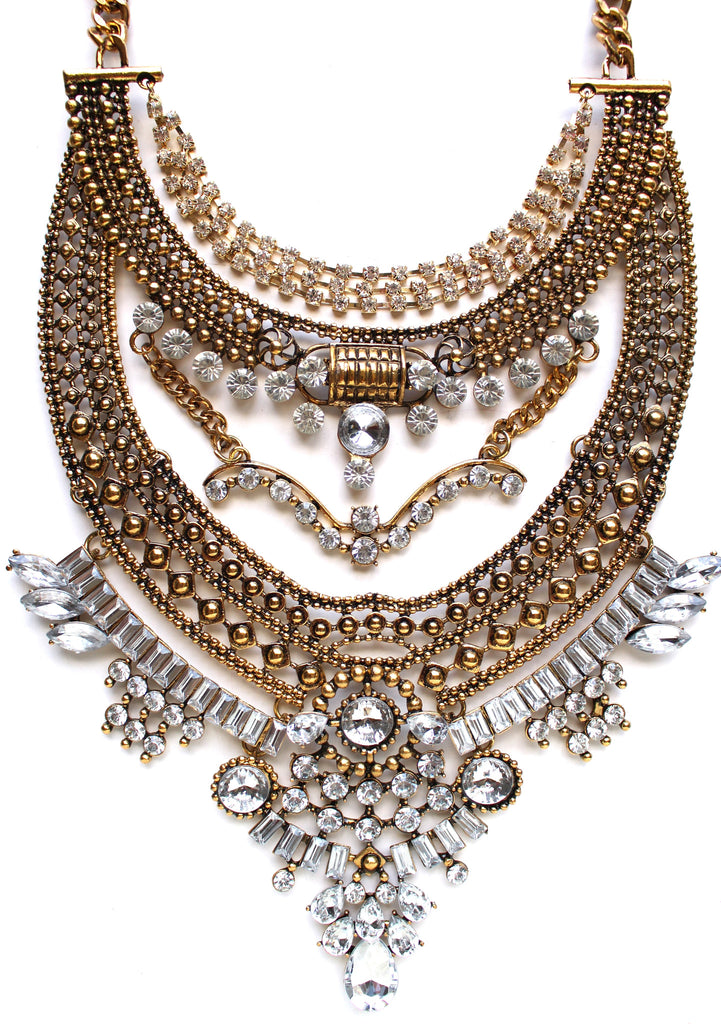 Regal Gypsy Crystal Bib Necklace- Gold
