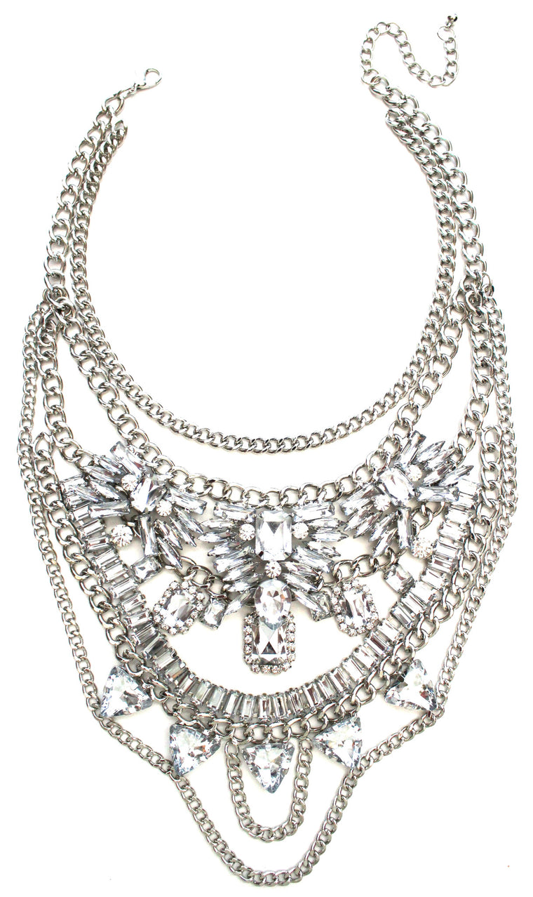 Layered Chains & Crystals Statement Necklace