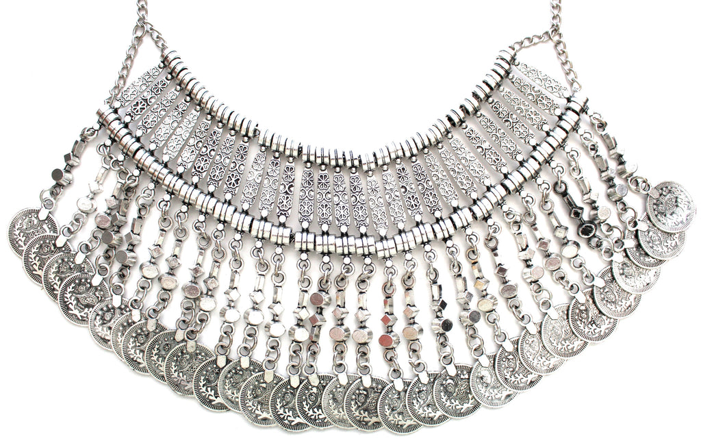 Antiqued Metal Coin Bib Necklace- Silver