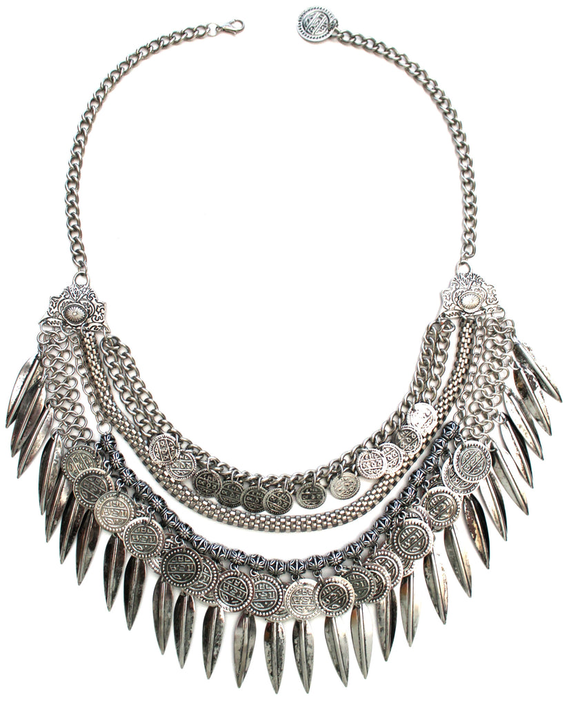 Layered Coin & Spike Fringe Necklace- Silver