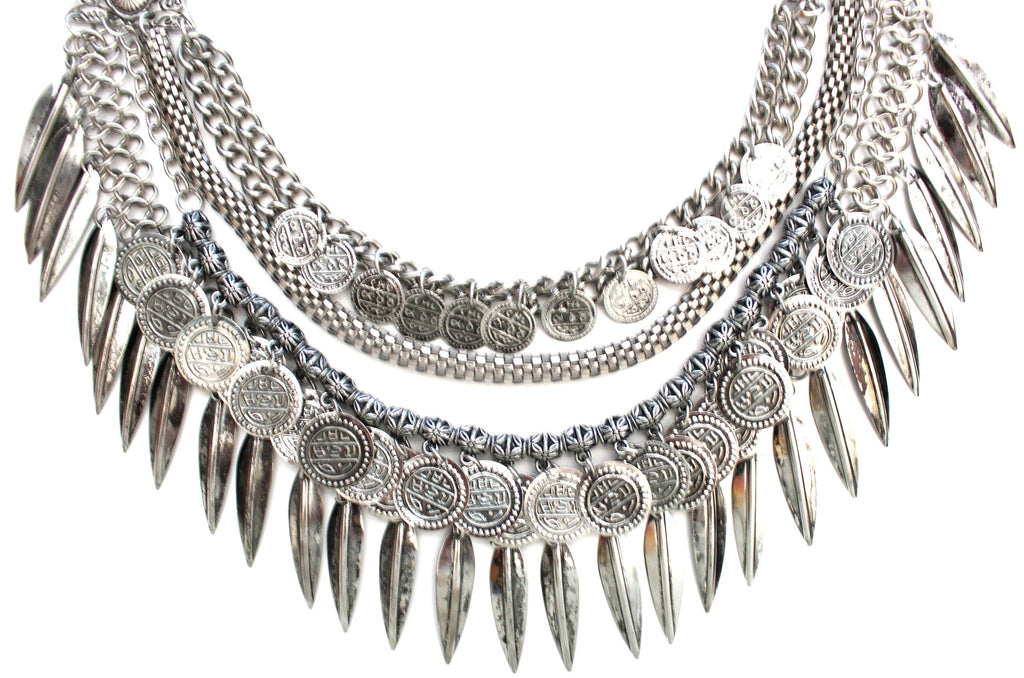 Layered Coin & Spike Fringe Necklace- Silver