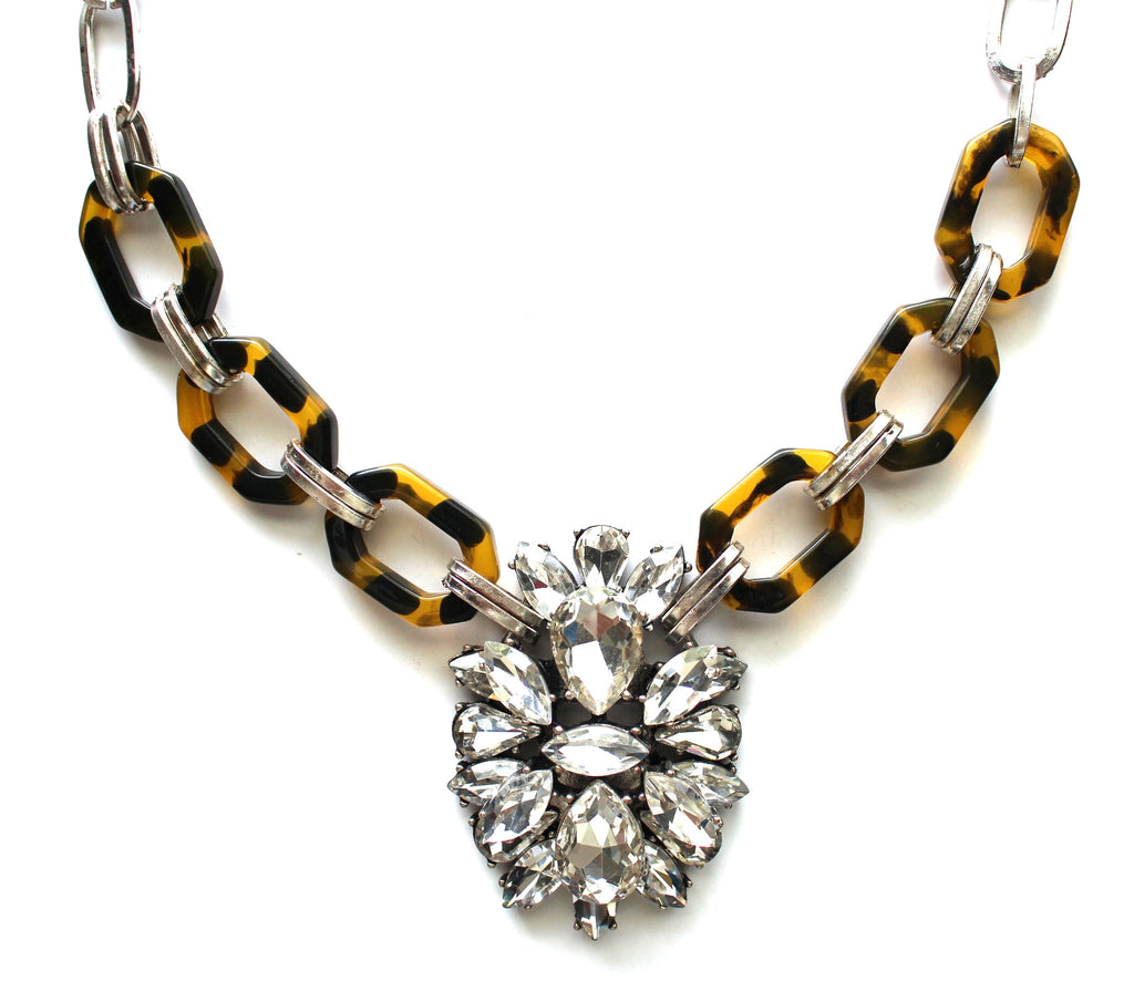 Tortoise & Crystal Pendant Statement Necklace- Silver Chain