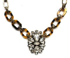 Tortoise & Crystal Pendant Statement Necklace- Brass Chain