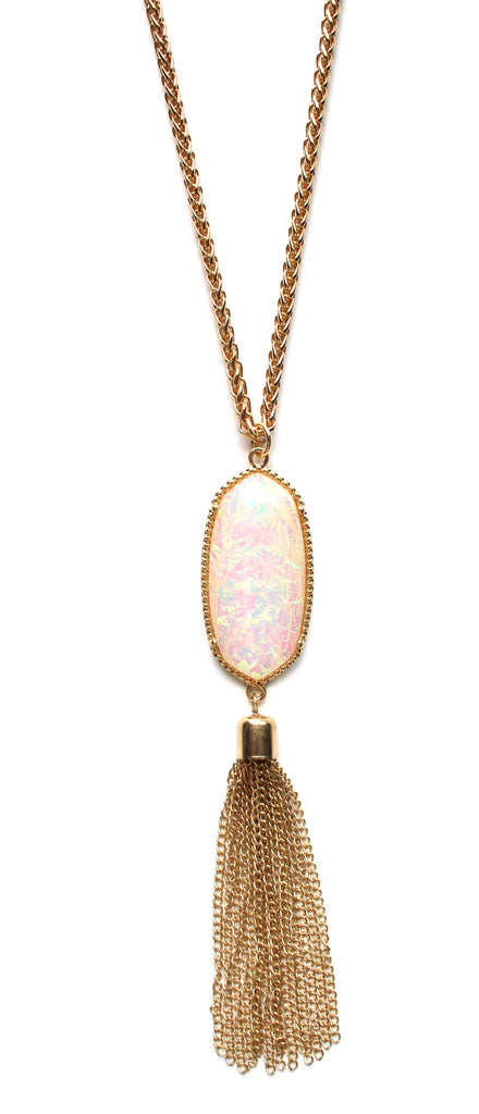 Long Chain & Stone Tassel Necklace- White Opal