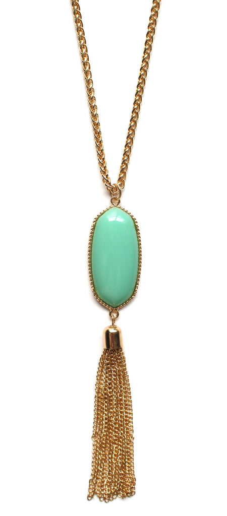Long Chain & Stone Tassel Necklace- Mint