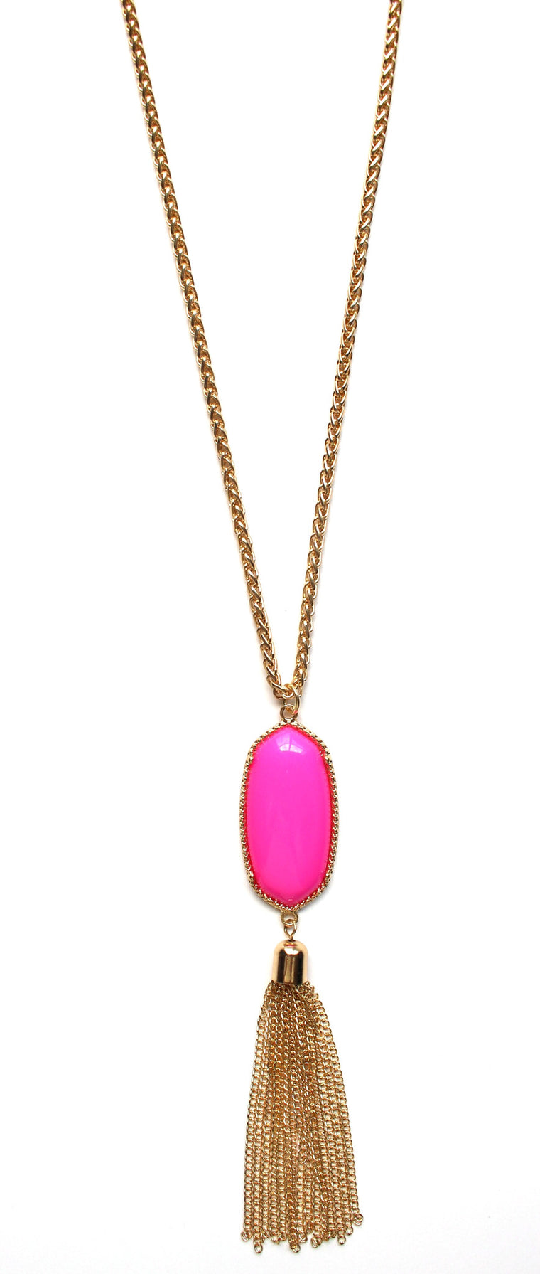 Long Chain & Stone Tassel Necklace- Hot Pink