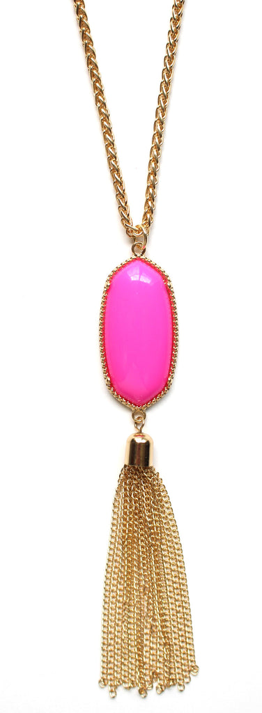 Long Chain & Stone Tassel Necklace- Hot Pink