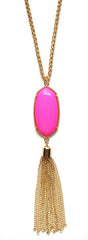 Long Chain & Stone Tassel Necklace- Hot Pink