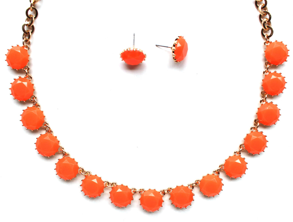 Classic Stone Necklace & Earring Set- Neon Orange