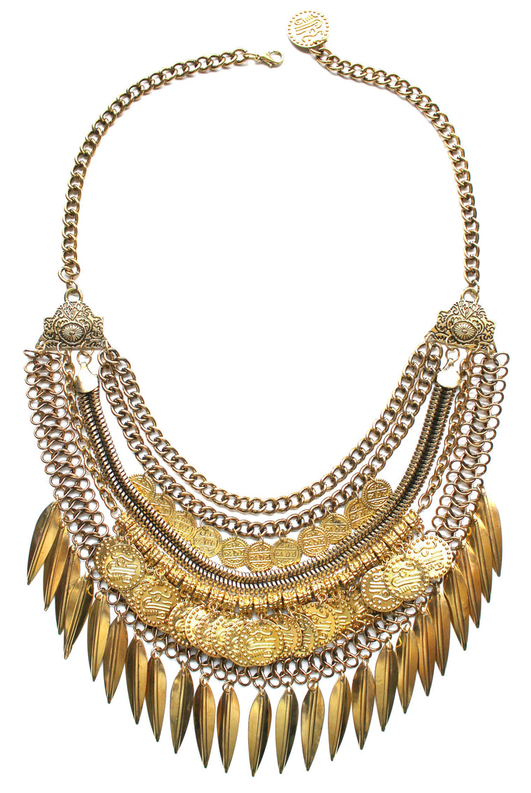 Layered Coin & Spike Fringe Necklace- Gold