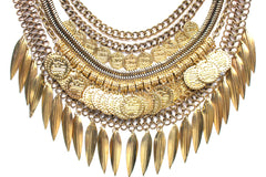 Layered Coin & Spike Fringe Necklace- Gold