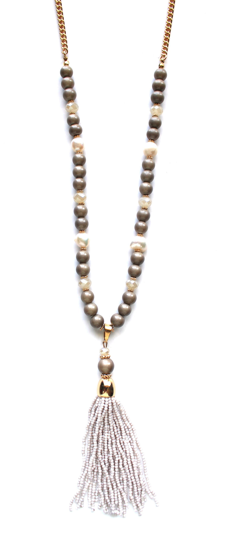 Beaded Pearl Tassel Long Necklace- Taupe