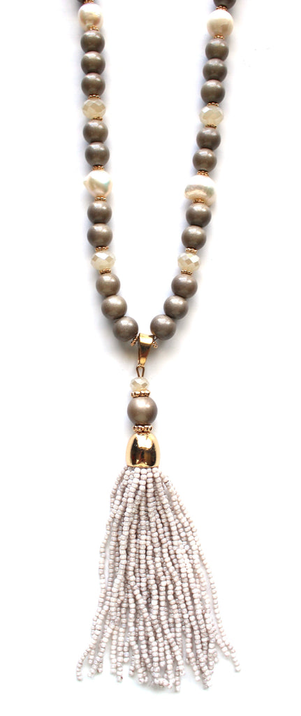Beaded Pearl Tassel Long Necklace- Taupe