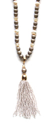 Beaded Pearl Tassel Long Necklace- Taupe
