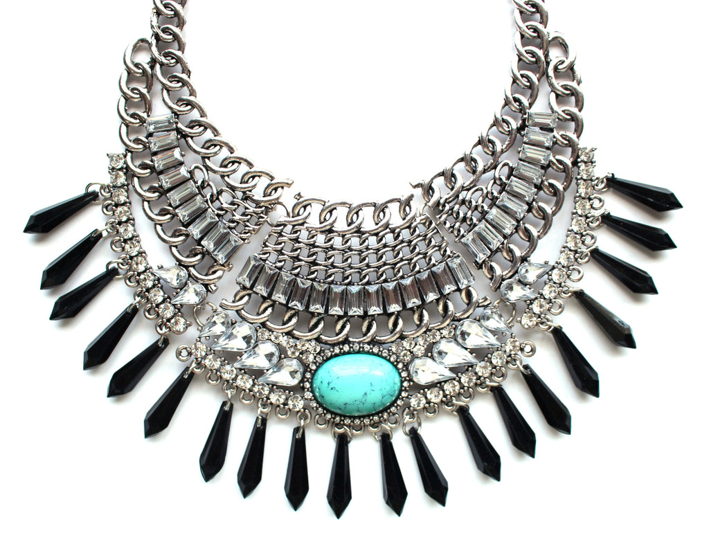 Turquoise Stone Boho Bib Necklace- Silver