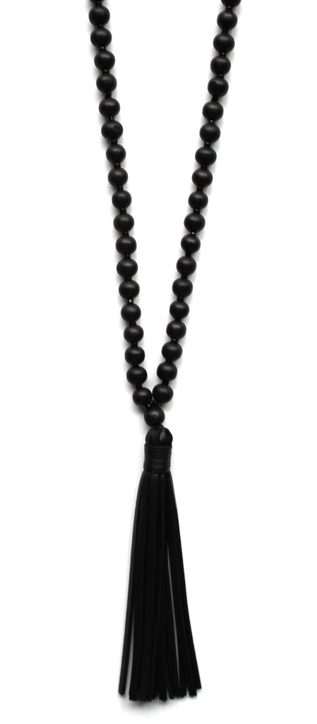 Beaded Leather Tassel Long Necklace- Black