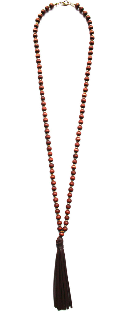 Beaded Leather Tassel Long Necklace- Brown